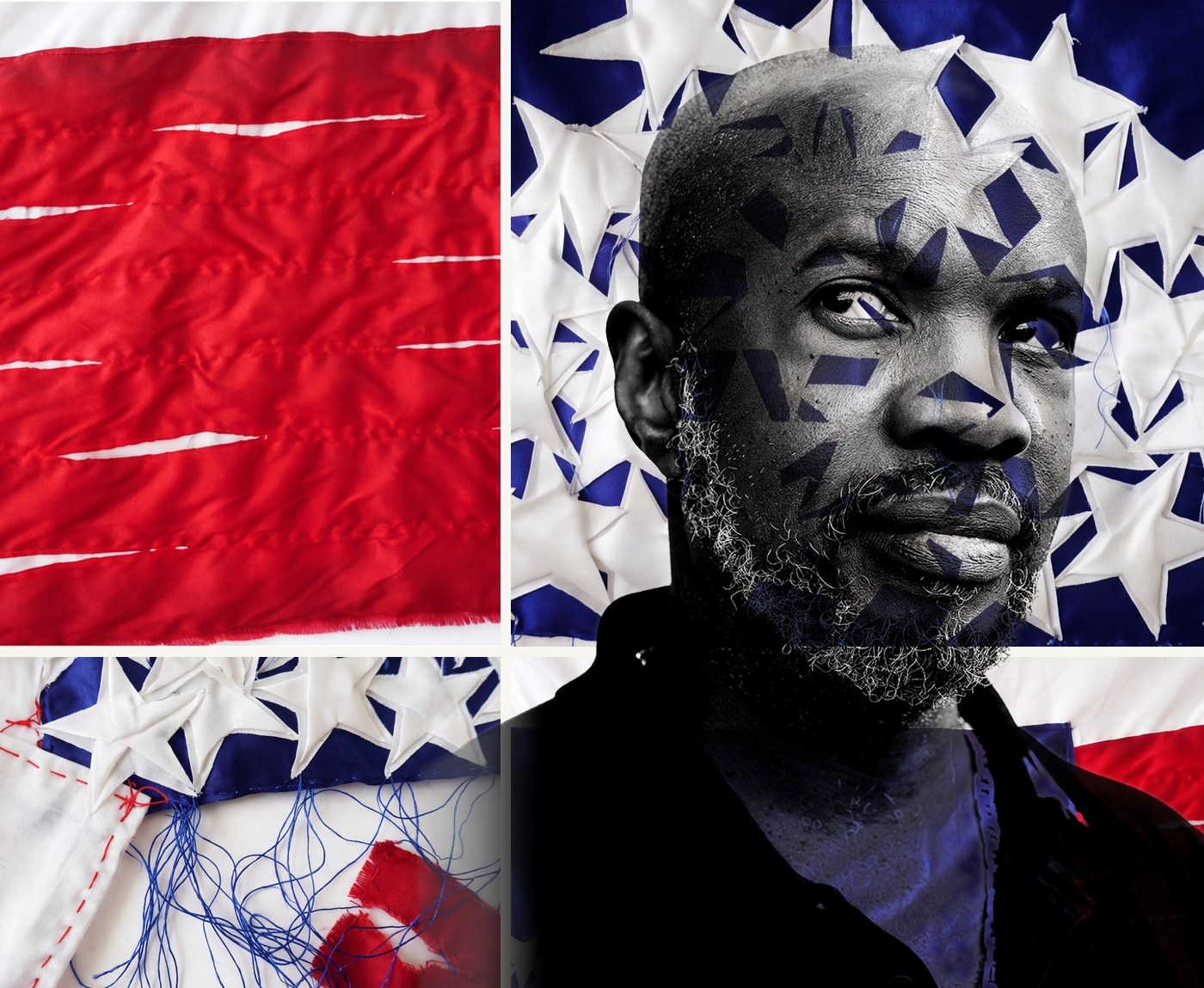 David McAlmont, in black and white, printed across his own deconstructed American flag collages